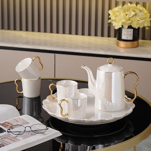 Yanze Light Luxury Wedding Gift Wedding Gift for Couple Glass Tea Set Rotatable Practical Cup Pearl Ear Pearlescent Eight-piece Set-Gift Box