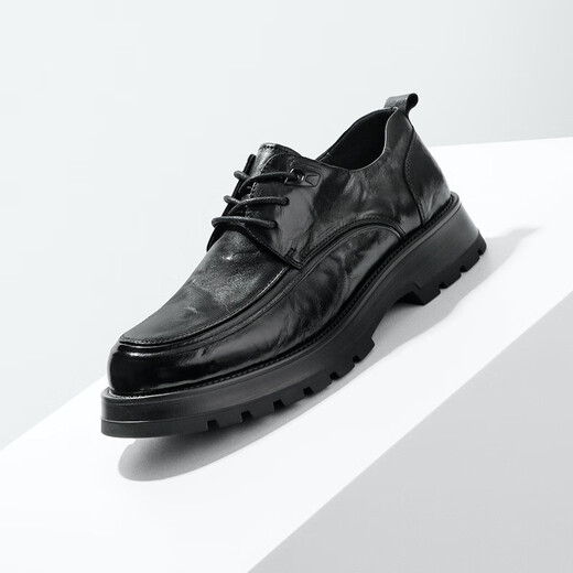 Belle Chinese Valentinstagsschuhe Pendelgeschäft Lederschuhe faltiges Kuhläden bequeme dicke Sohle formelle Schuhe A1422AM4 Schwarz-Single 43 (265 mm)