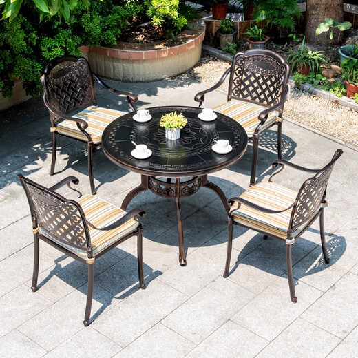 Fapolite Outdoor Tisch und Stuhl Balkon im Freien Aluminium Legierung Freizeit Innenhof und Stuhl Kombination Garten Eisen Guss Aluminium Villa Möbel 4 Stühle + 100 cm Orchideen schnitzen runden Tisch