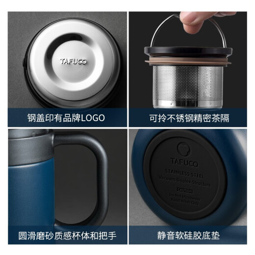 泰福高保温杯男女士带盖商务茶杯泡花茶杯不锈钢带手柄水杯办公杯 500ML骑士黑 T6172
