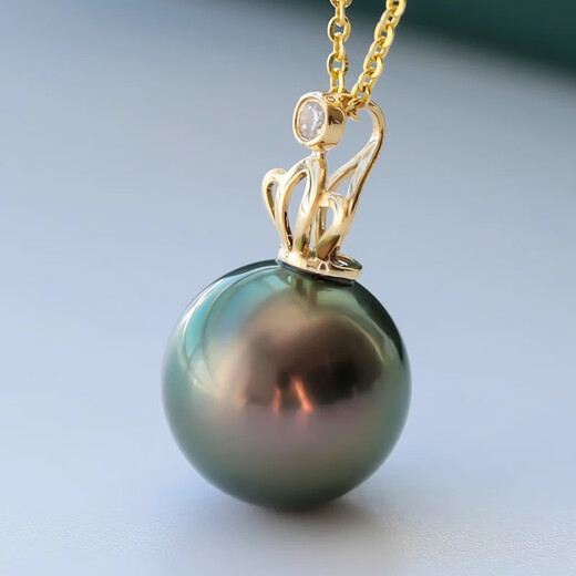 Qiongruige Crown Model 18K Gold Tahitian Black Pearl Pendant Seawater Round Malachite Green Necklace Pendant Single 11-12mm Malachite Green Slightly Flawed + 18K White Support