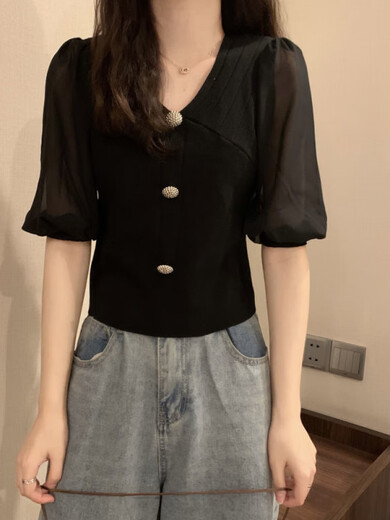 Direction simple 2025 Été Nouveau glace en soie en mousseline de mousseline en V épisse en V Sweater à manches courtes Lady Lame de base mince de base courte MCL 3523 Black One Size (70-125jin [Jin est égal à 0,5 kg] peut être usé) peut être porté)