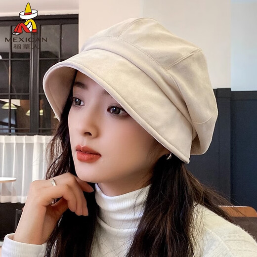 Scarecrow Hat Women's New Versatile Suede Beret Japanese Style Big Face Suitable for Big Head Circumference Showing Face Small Octagonal Hat Western Style Black One Size