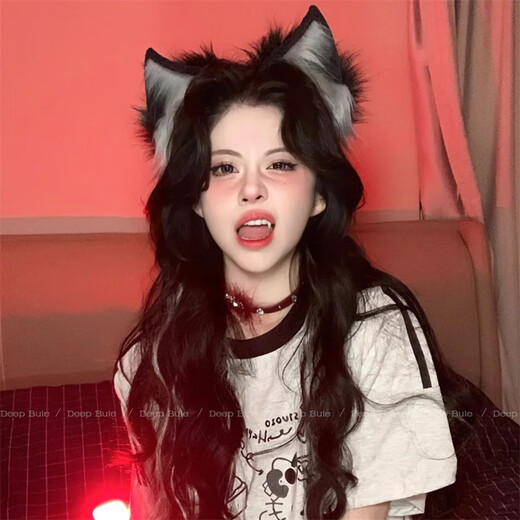 Ellilo Cat Ears Bell Headband Female Pure Desire Cos Fox Ear Plush Headband Wolf Ear Animal Ear Halloween Props Hair Accessory Wolf Ear Headband - Black Gray