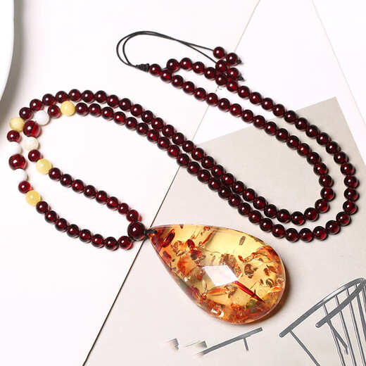 Chengyuanxiang CREORISETIN natural 5A water purified amber drop pendant sweater chain raw mineral beeswax amber necklace pendant women's original stone two-color blood amber bead chain style