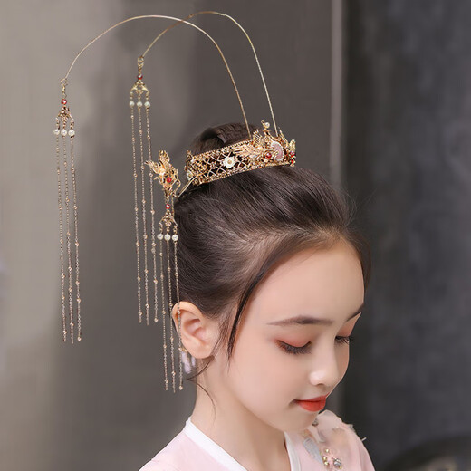 Hanfu headdress children and girls hair crown ancient style crown ancient costume hair accessories ancient girl crown national trend rocking phoenix crown golden phoenix 3 and a half-Yanghe-Jin