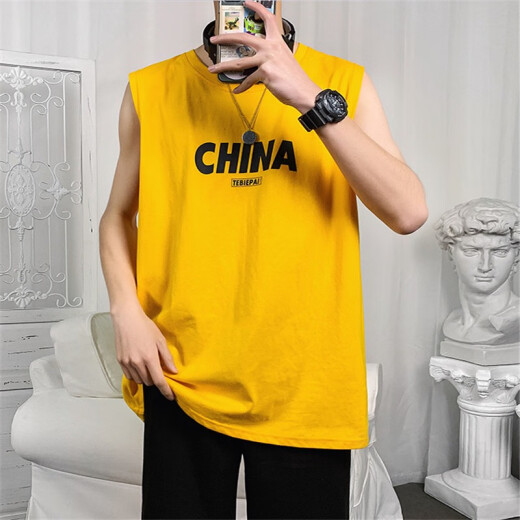 [Bianqi] Internet celebrity vest men ins super hot sleeveless vest men's singlet Hong Kong style vest fitness sports personality vest basketball trendy brand loose yellow XL