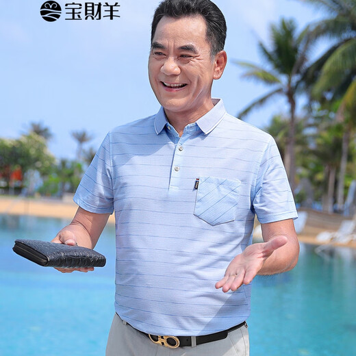 Baocai oveja papá verano camiseta de manga corta hombres de mediana edad y anciana seda de seda de polvo suelto camisa rayada de polvo ropa de día de padre regalo