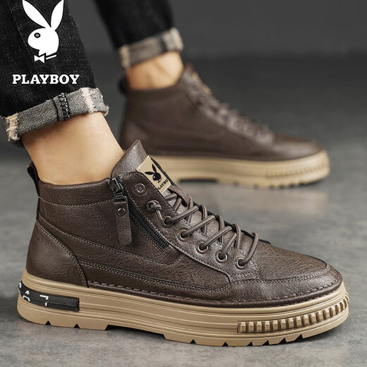 花花公子（PLAYBOY）鞋子男鞋高帮2025棉鞋秋冬季新款男士休闲皮鞋男加绒板鞋马丁靴男 棕色 CPL1253886 41