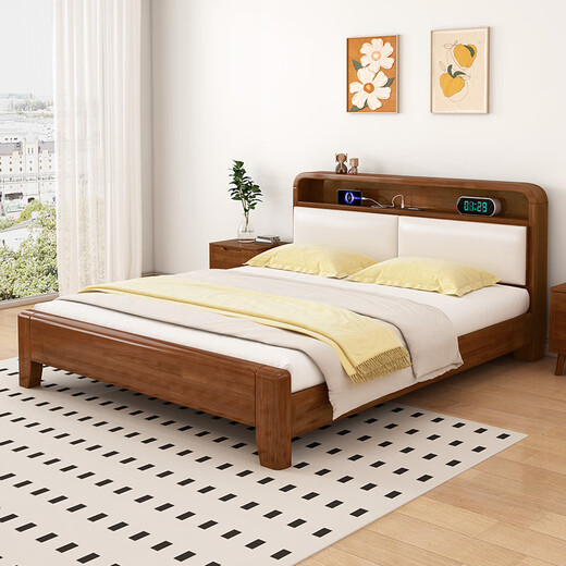Qifeng Guangdong Foshan furniture bed solid wood bed rubber wood modern Nordic double bed master bedroom log bed simple style wooden bed single bed (log color main picture) 1500mm*2000mm frame structure