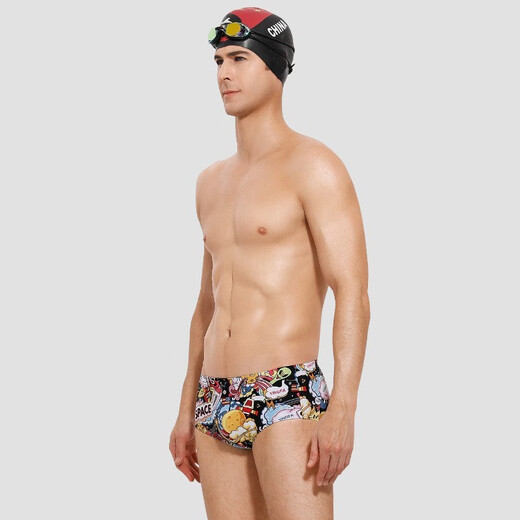 YINGFA men's printed wide-brimmed briefs, conservative and anti-embarrassing, adult and children's training professional swimming trunks, Magic Cannonball L, waist 63-68 cm