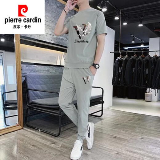 皮尔卡丹（pierre cardin）夏季冰丝套装男士休闲运动短袖上衣搭配时尚潮流帅气男装裤子一套 867米白色套装 2XL