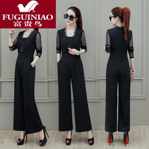 Fuguiniao light luxury new wide-leg overalls for women Spring and Autumn 2020 new fashion and western-style jumpsuits for women loose and slim Korean style jumpsuits trendy black L