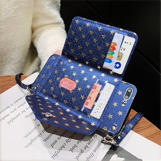 Afapu Trendy Brand Tarn-In Coin Willet Integrated Oppo Mobile Telephone Case de teléfonos móviles Trendy Star Internet Celebridades Creative Hearing Bag Women Leather Hard Pack Full Shell Coin Wallet-Blue Blue Star + Crossbody Lanyard Oppo Reno3/K7