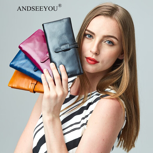 ANDSEEYOU品牌真皮手拿包女复古欧美长款简约百搭大气港风时尚钱包女钱夹 紫色