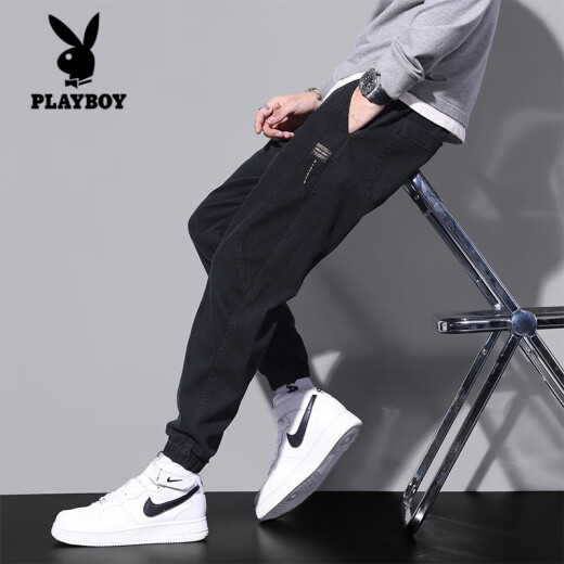 Playboy (PLAYBOY) plus velvet jeans for men autumn and winter style tying fashion brand 2024 autumn new casual nine-point pants work trousers DW_9859 black plus velvet 2XL