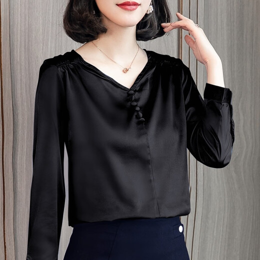 Mu Meiyi silk shirt women's summer new silkworm top solid color professional women's V-neck fashion long-sleeved short shirt loose plus size mother's clothing middle-aged and elderly women's clothing 620 black XL