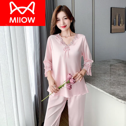 Cat Man (Miiow) Leichter Luxus-Pyjamas für Frauen in der Sommer-Langarmhose Zwei-teilige Heimkleidung Sexy Ice Seiden Frauen süße Heimkleidung Set Langarm 9856 Big Red Set 2xl [130 145jin [Jin gleich 0,5 kg]]]