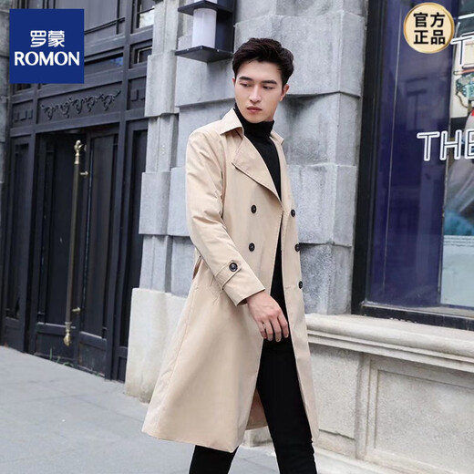 罗蒙（ROMON）春秋季男士韩版中长款过膝风衣青年双排扣男宽松披风外套休闲大衣 风衣 卡其 2XL 建议170-180斤
