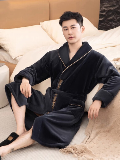 Yalu Nightgown Men's Automn and Winter Style Coral Velvet Plus Velvet Bathroped Bathrobe Robe Pajamas Men's grande taille Home Clothing NSCBF-YA Black Broidered Nightgown XL 135-155Jin [Jin est égal à 0,5 kg]