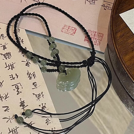 Ancient Hetian Jade Peace Lock Necklace Women's Light Luxury Niche High-end Ruyi Lock Jade Pendant Braided Rope Pendant Accessories Hotan Jade Peace Lock Necklace