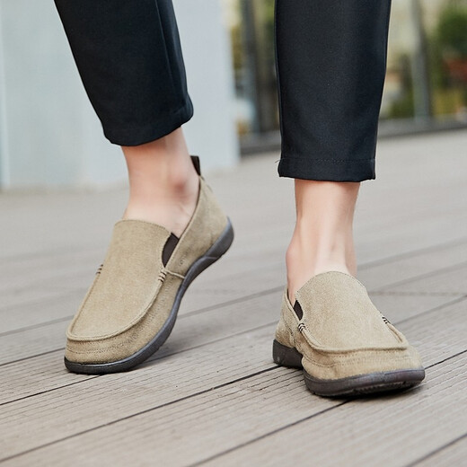 Huili pedal lazy shoes classic men's shoes lightweight breathable footwear driving shoes solid color middle-aged and elderly casual canvas shoes 912 khaki 42