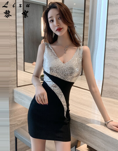 Li Xuyena sexy suspender dress 2021 summer new fashion slimming low-cut temperament women's deep V-neck tight hip dress black S