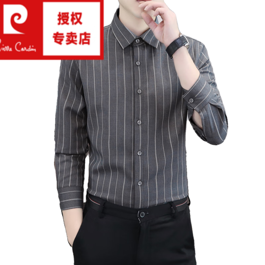Pierre Cardin winter all-in-one velvet shirt men's long-sleeved business casual youth striped velvet thickened warm shirt gray 40 suitable for 120-140Jin Jin equals 0.5 kg