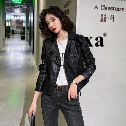 sxa Hong Kong trendy brand high-waisted short leather jacket women's 2021 spring and autumn new slim fit versatile lapel motorcycle jacket short coat long-sleeved leather jacket top black M