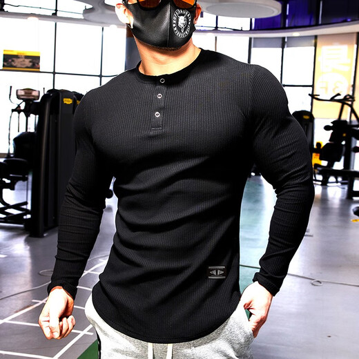 Lutielang fitness clothes men's long-sleeved sports T-shirt tights quick-drying elastic breathable training bottoming shirt autumn and winter black M