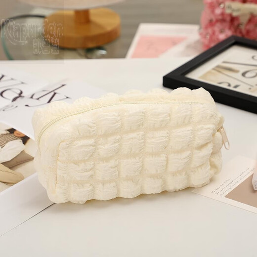 Pencil bag stationery white puff milk puff large capacity junior and high school students high-looking pencil bag stationery box ins beige puff