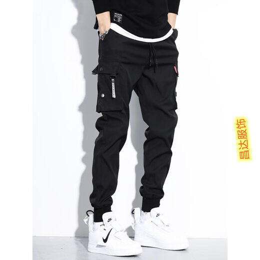 Chaoxiden casual pants men's trendy Korean style work pants men's summer hip-hop men's high elastic ins tying pants 9 points summer ultra-thin black GX9738 S