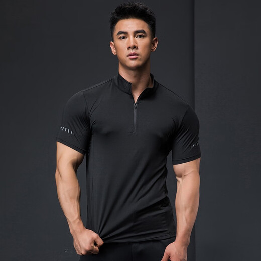 Lutie Dog Fitness Wear Short Sleeve Men's Stand Collar POLO Slim Fit Muscle Showing Quick Drying Breathable High Elastic Coaching Wear T-Shirt Black L