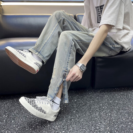 Hongtiwan Jeans Herren Sommer Ripped High Street Vibe American Hosen Trendy Herren koreanischer Stil Trendy Teenager Slim Fit Blue Ripped Style Yd728 m (80-100jin [Jin entspricht etwa 0,5 kg])