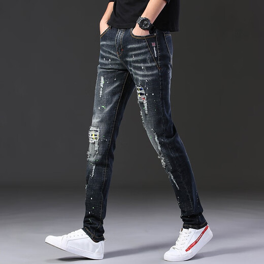 
Fashion brand ripped jeans men's elastic patch patch small feet pants Korean style slim jeans lacquered dot printed pencil pants new product 687 black 30 (2 feet 3)