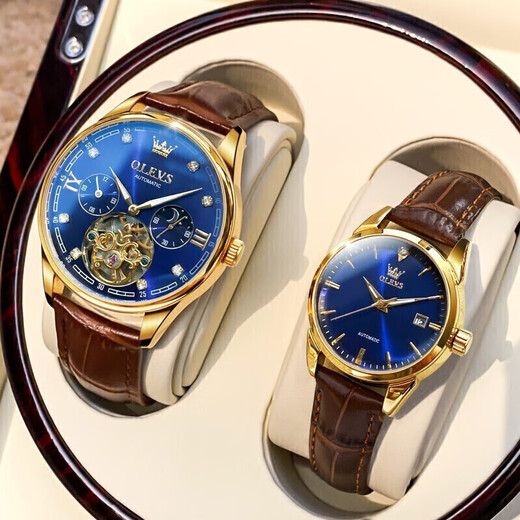 Le couple Olevs regarde un couple entièrement automatique sur la montre mécanique entièrement automatique Gift multifonctionnel étanche pour petit ami et petite amie 3601 + 6629 [cadeau de luxe bleu en cuir marron]