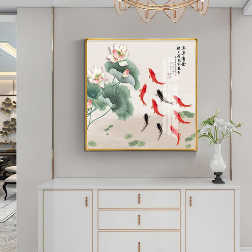 Xiaolulin Chinese style Jiuyu drawing decoration painting restaurant painting study office tea room hanging painting entrance entrance cabinet living room mural 15911 surplus year after year fabric painting 40*40 black frame (gold frame requires note
