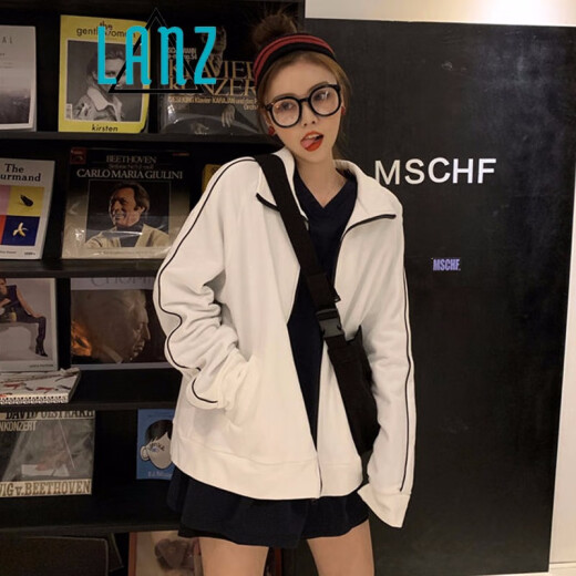 Lan Ye 2021 Spring and Autumn New Korean Style BF Handsome and Versatile Sports Jacket Zipper Sweater Female Student Jacket Cardigan Top ins Trendy White S