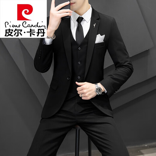 Pierre Cardin suit men's Korean style casual business formal jacket slim fit groomsmen wedding dress no-iron suit knitted apricot two-button suit + pants + vest + shirt S recommended 80-95Jin Jin equals 0.5 kg