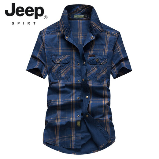 JEEP SPIRIT夏季短袖衬衫男纯棉宽松大码装格子双口袋工装上衣SPIRIT 5009-卡其 5XL