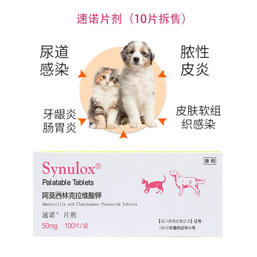 Sunuo Tablets Cat Amoxicillin Clavulanate Potassium Anti-Inflammatory Tablets Pet Oral Medicine Cats and Dogs General Single Board 50mg (Single Board 10 Tablets)