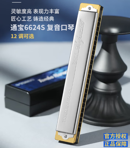 通宝TOMBO通宝口琴6624S复音24孔ABCDEFG调重音成人专业演奏高级乐器 24孔E调  全套赠品