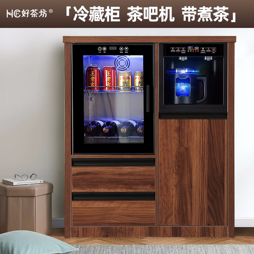 Healston solid wood tea bar machine refrigerator freezer home hot and cold water dispenser office home fully automatic high-end smart tea table QB04-1 walnut color two doors refrigeration + tea making warm type ice hot