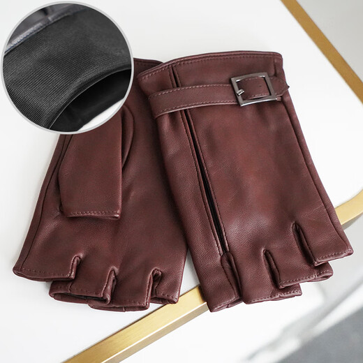 NOOLDERS Men's Warm Genuine Leather Gloves Half Finger Driving Gloves Half Fingerless Cycling Motorcycle Sheepskin Gloves Thin Designer Style Coffee (Silk Lining) S Size