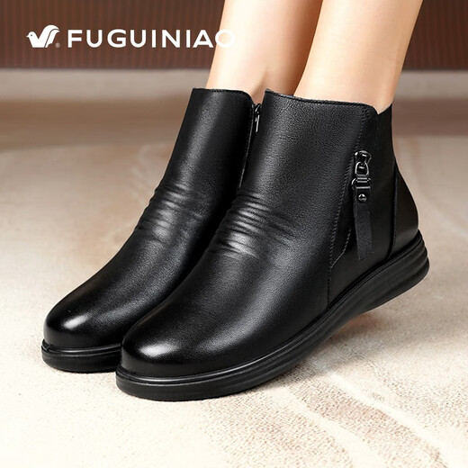 Fuguiniao Winter Short Boots Женские снежные ботинки искренние кожаные овчины мех интегрированные средние и пожилые туфли с матерью хлопчатобу