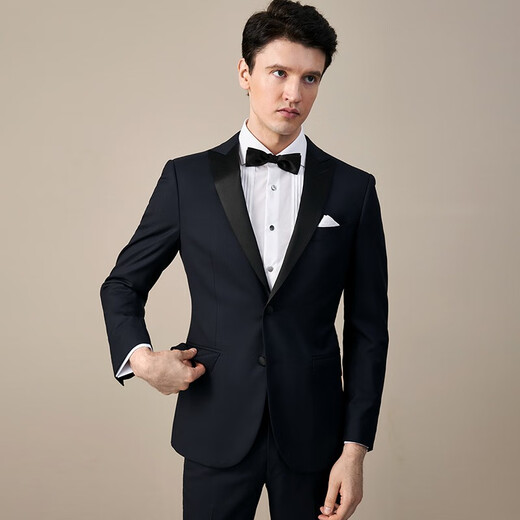 By Creations Pure Wool Suit Male Groom Wedding Formal Suit Business Patch Collar Tuxedo Groomsman Dress Navy Blue 46 (170/88A)