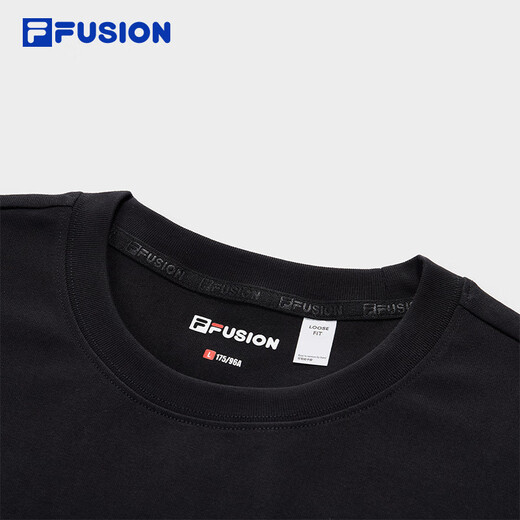 FILA FUSION斐乐潮牌情侣款针织短袖衫2025春新款凉感宽松纯棉T恤 正黑色-BK L