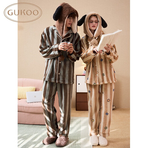 Gukoo Pajamas Couple Winter Snoopy Joint New Jade Fox Velvet Warm Men's Home Clothing Set D Wood Color Suit XS