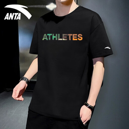 安踏（ANTA）短袖t恤男2025春夏季透气圆领潮牌半袖宽松印花字母打底衫上衣男 -2基础黑【棉涤】 L /175 适合120-140斤