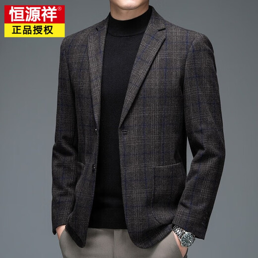 恒源祥春秋装羊毛呢小西装男加厚磨毛格子条纹呢子外套男中年休闲西服 灰色BGW-3 M